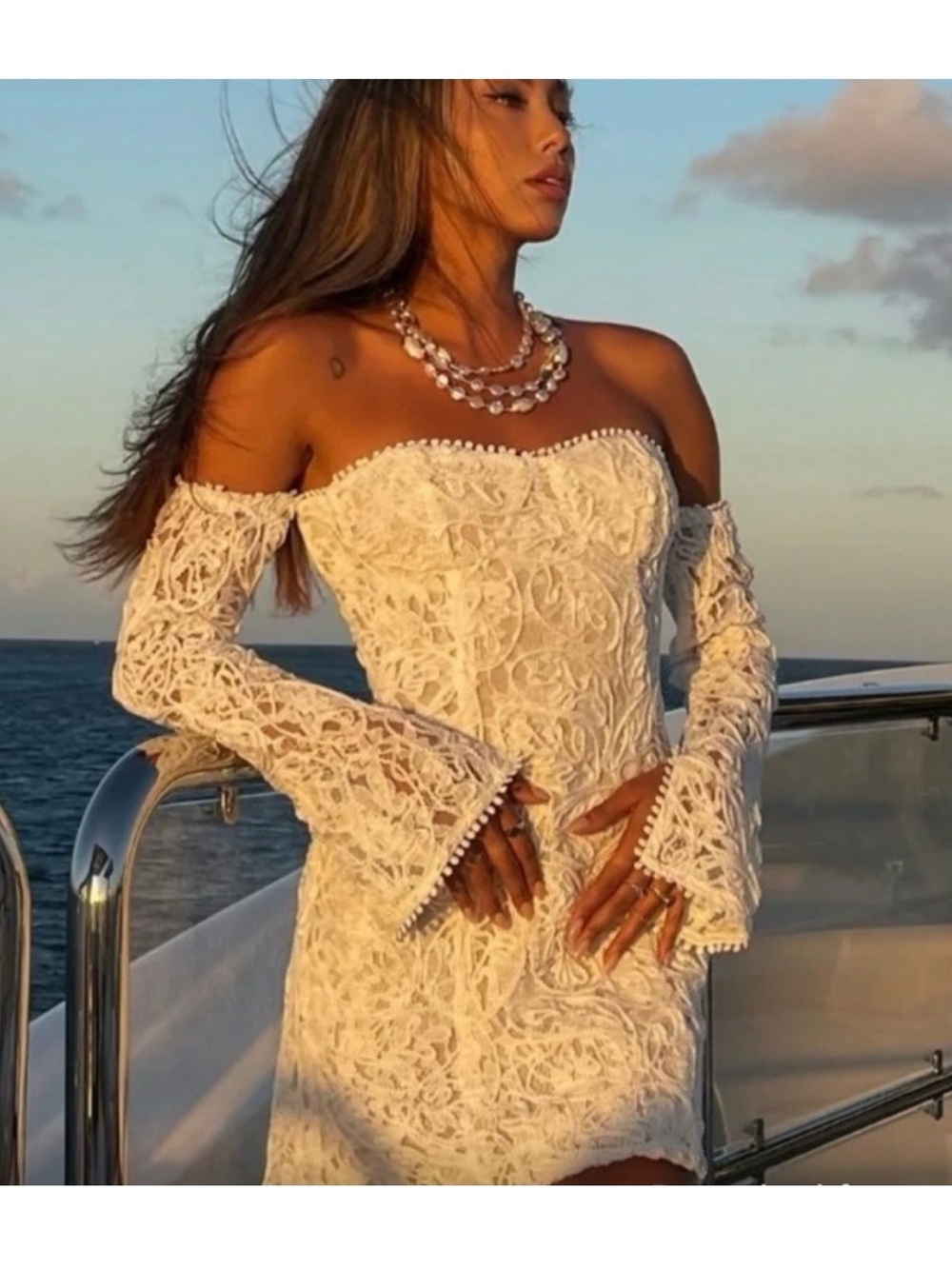 12th Tribe White Strapless Textured Lace Mini Dress with Detachable Long Sleeves - Picture 3 of 4